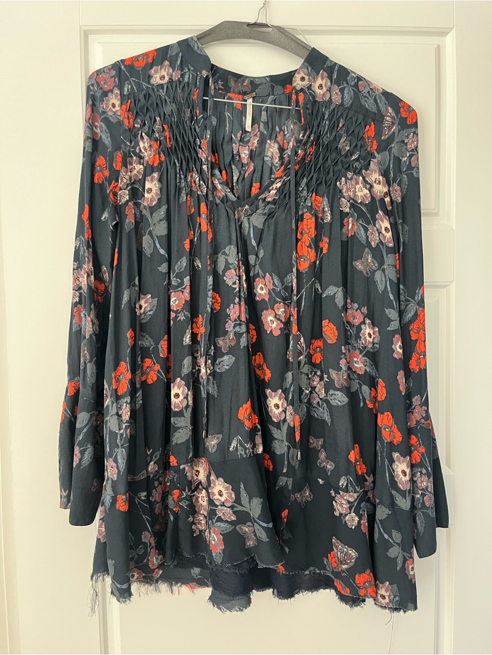 Free People Dark Floral Smocked Tie-Neck Blouse - Black with Red & Pink